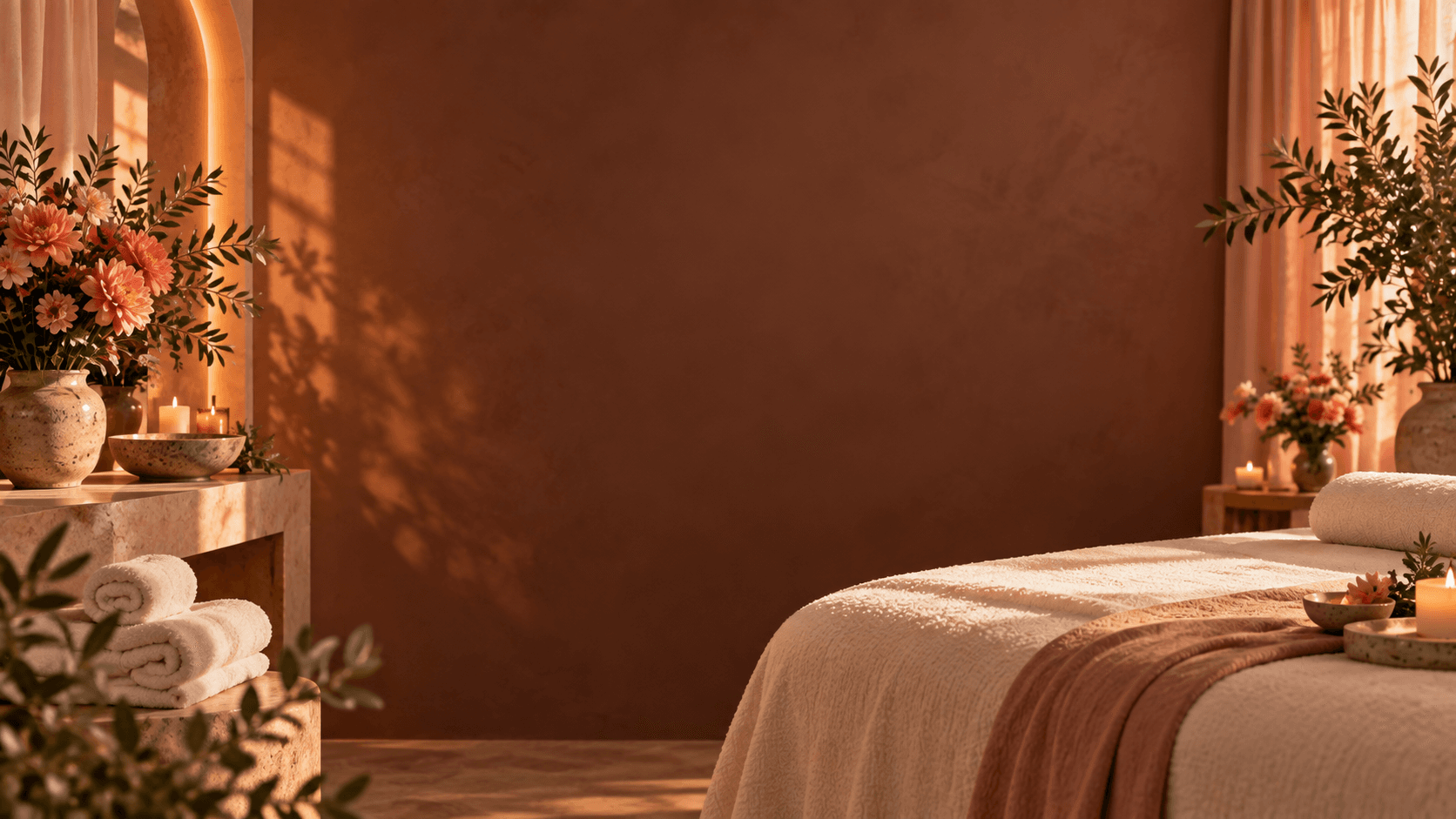 A warm treatment room prepared for an at-home beauty service
